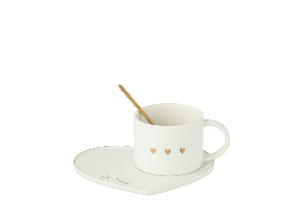 J-Line Beker + Schotel + Lepel 3 Hart Keramiek Wit/Goud
