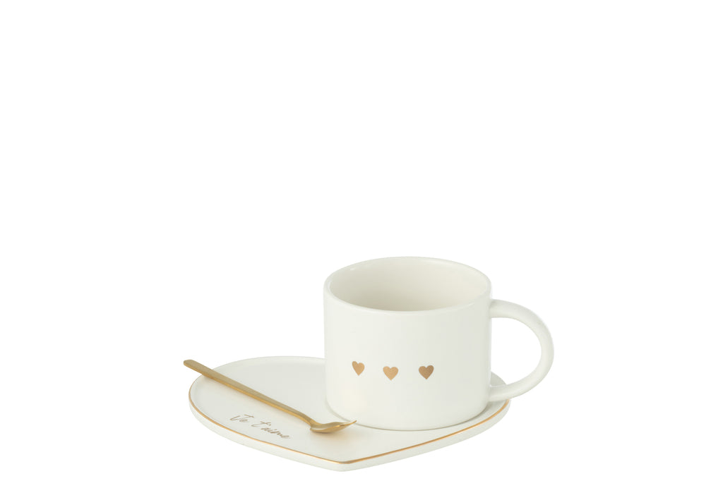 J-Line Beker + Schotel + Lepel 3 Hart Keramiek Wit/Goud