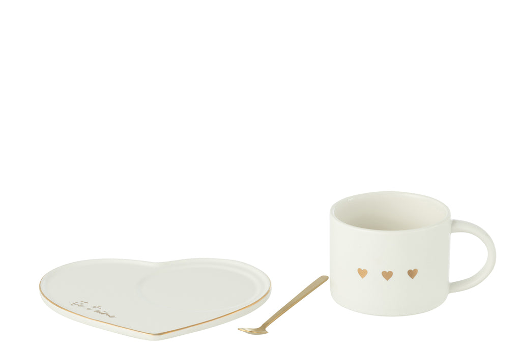 J-Line Beker + Schotel + Lepel 3 Hart Keramiek Wit/Goud