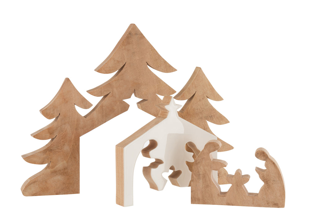 J-Line Kerststal + Kerstbomen Puzzel Mangohout Wit/Natuurlijk