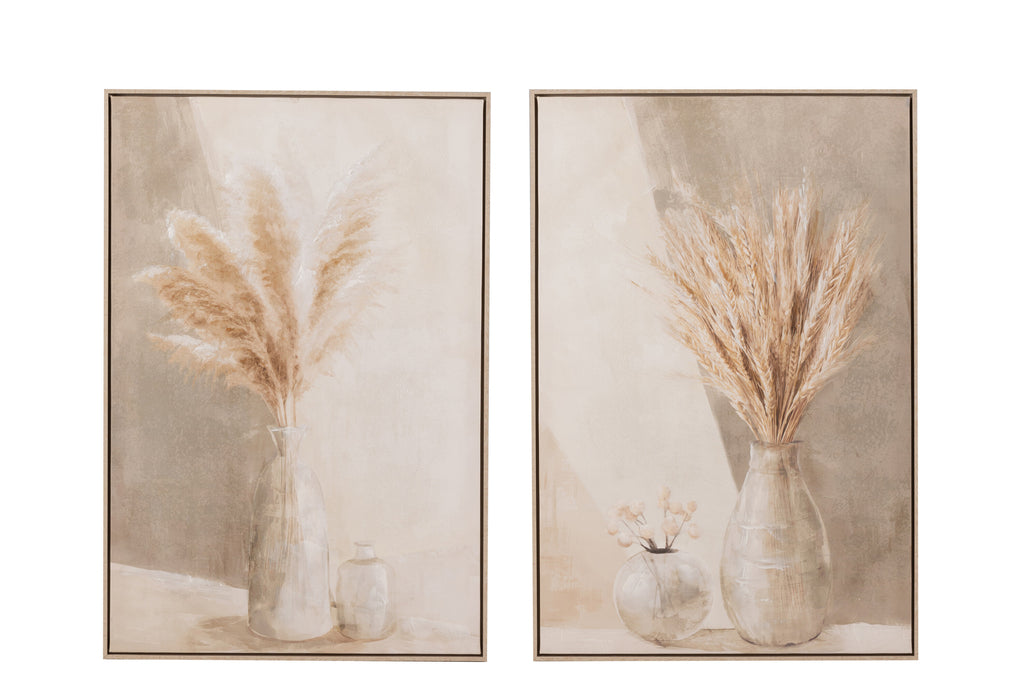 Schilderij Vaas Pampas Canvas/Hout Beige, set van 2