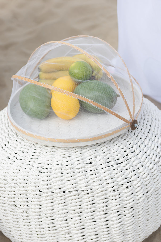 Pouf Round Woven Plastic White