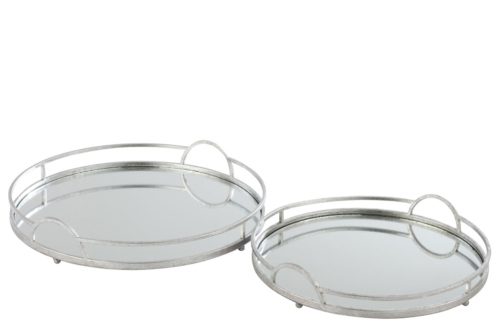 Set van 2 dienbladen ronde spiegel ijzer zilver