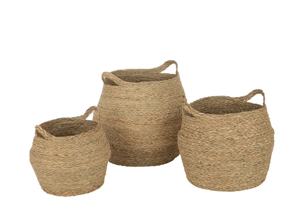 Set van 3 manden rond met handvat van natuurlijk gras.