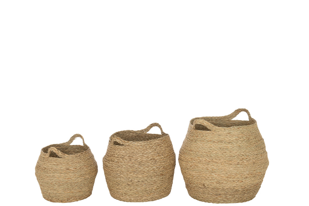 Set van 3 manden rond met handvat van natuurlijk gras.