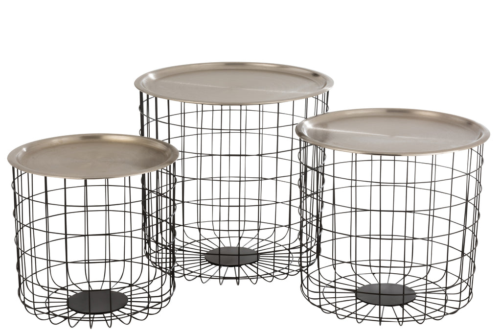Set van 3 bijzettafels mand metaal zwart/zilver
