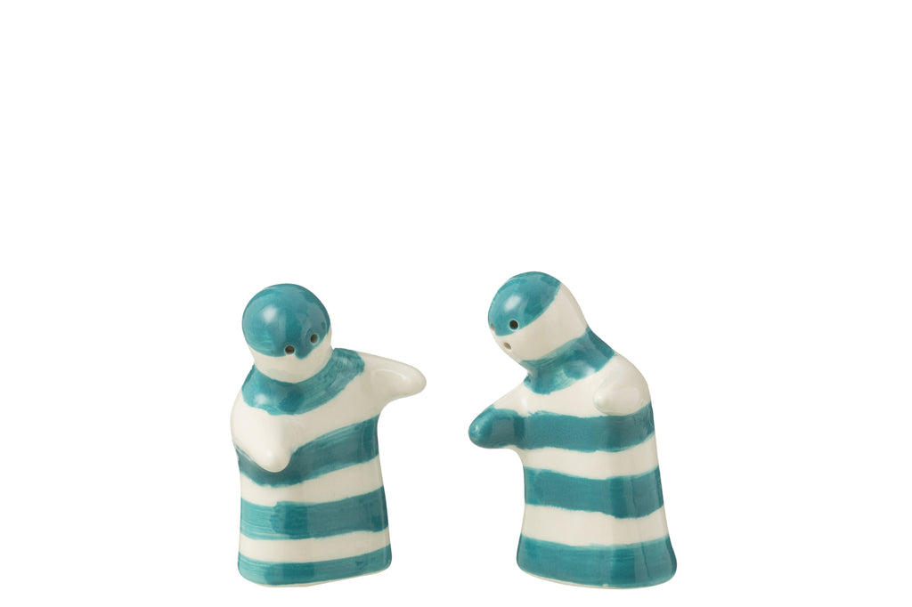 Zout & Peper set Granada Strepen Keramiek Wit/Aqua