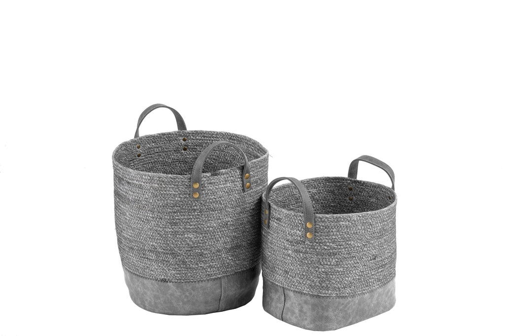 Set van 2 manden papier imitatie leer grijs/metallic grijs klein