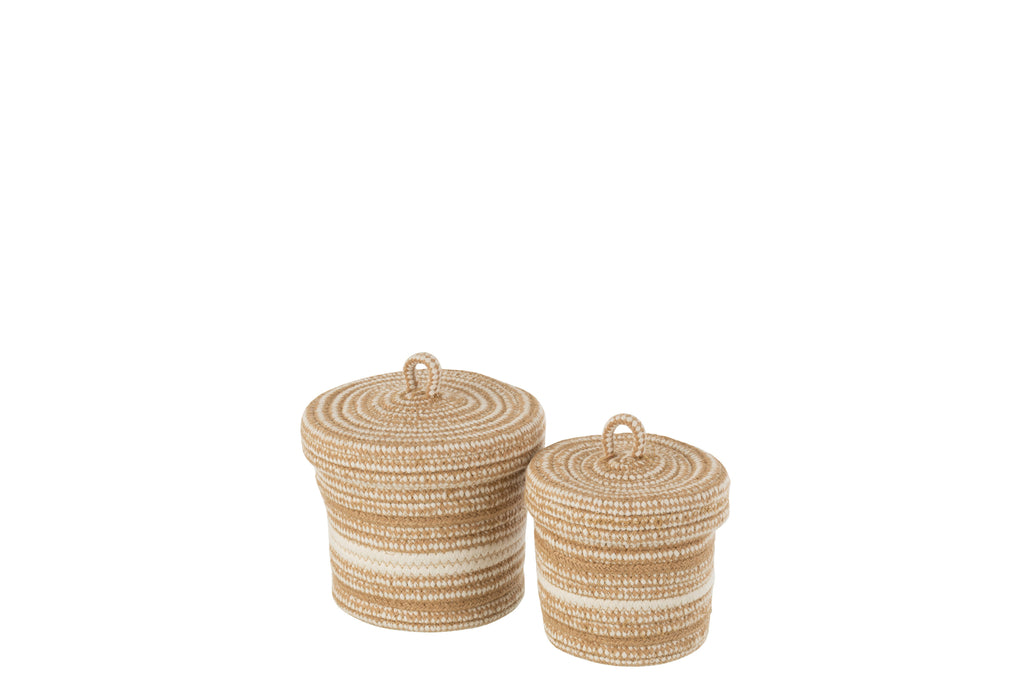 Set van 2 manden met deksel van katoen/jute wit/beige