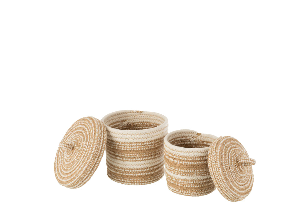 Set van 2 manden met deksel van katoen/jute wit/beige