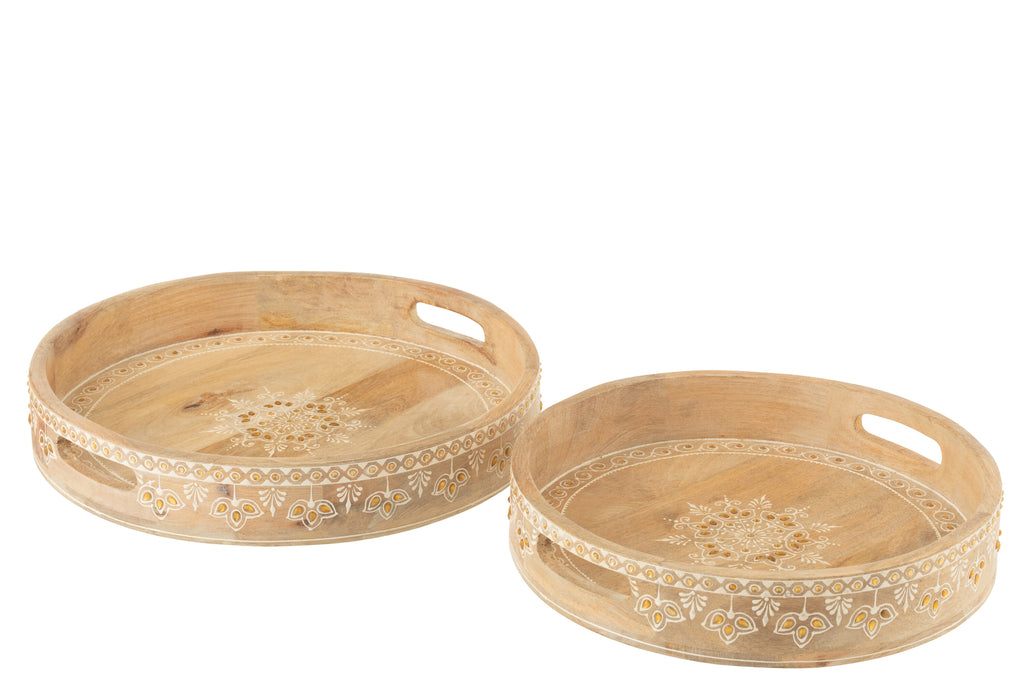 Set Of 2 Tray 2 Handle Beads Mango Wood Natural/White