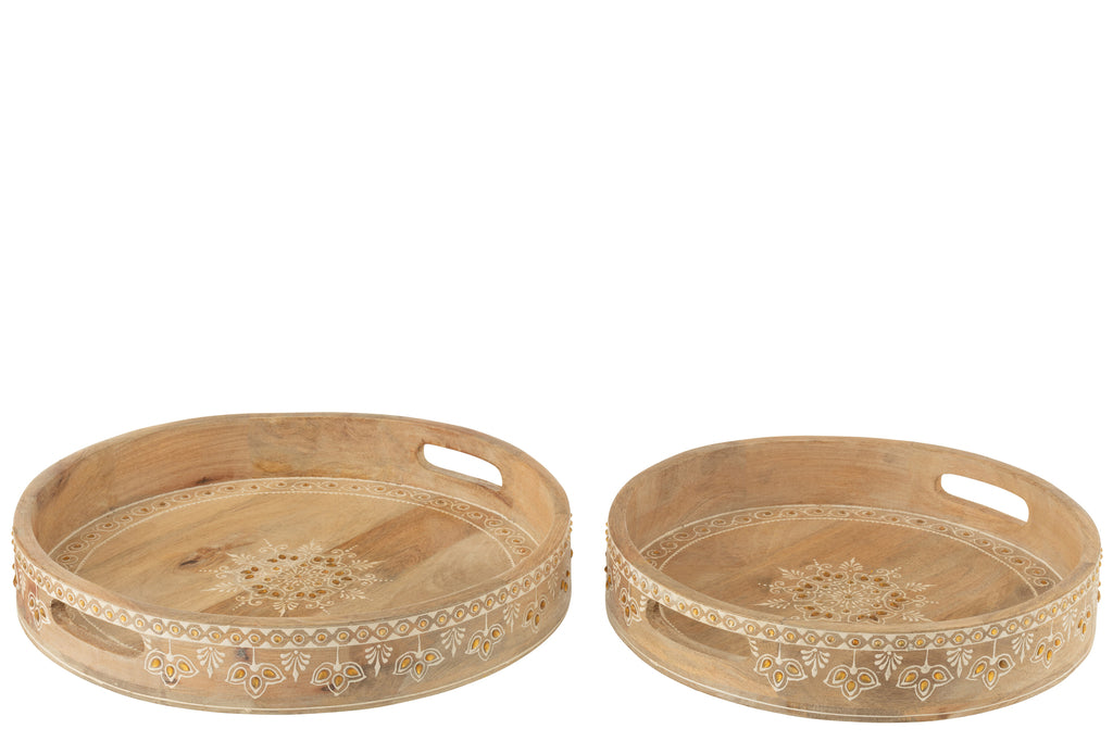 Set Of 2 Tray 2 Handle Beads Mango Wood Natural/White