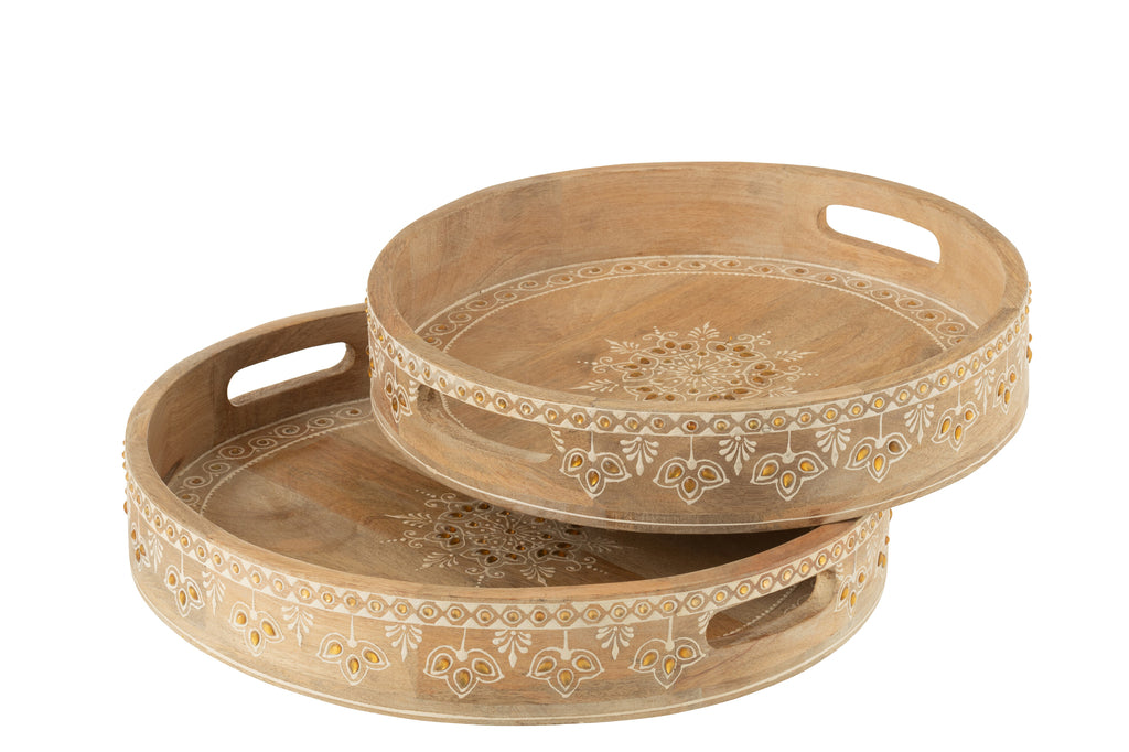 Set Of 2 Tray 2 Handle Beads Mango Wood Natural/White