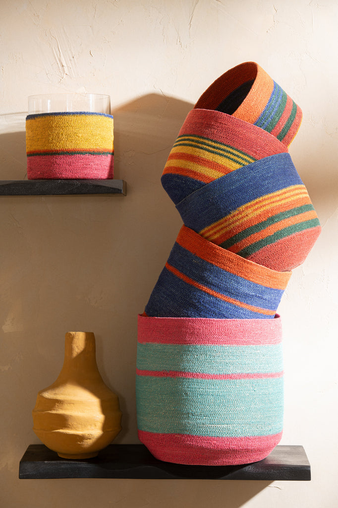 Set van 3 manden rond + strepen zeegras mix