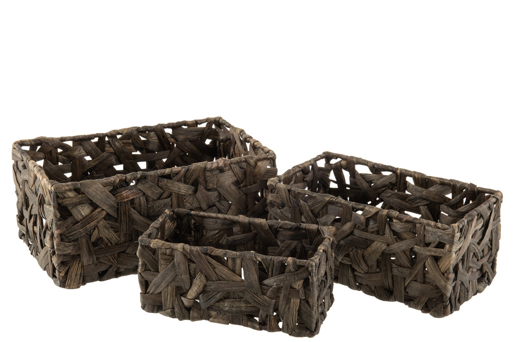 Set van 3 manden Rechthoekig Riet Donkergrijs