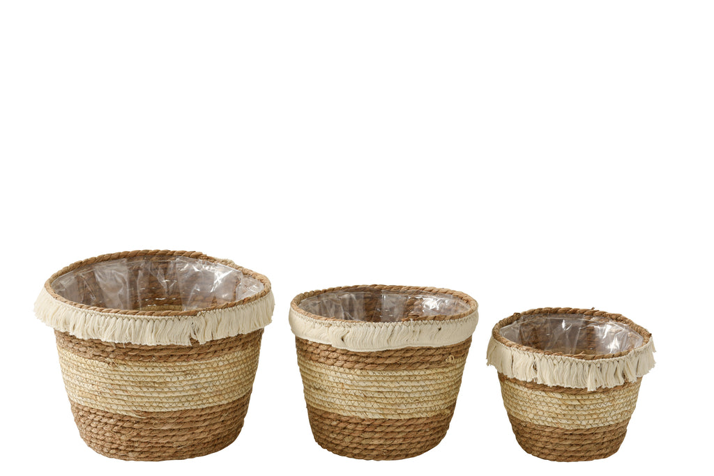 Set van 3 manden met kwastband van maïsschil/katoen beige/bruin wit