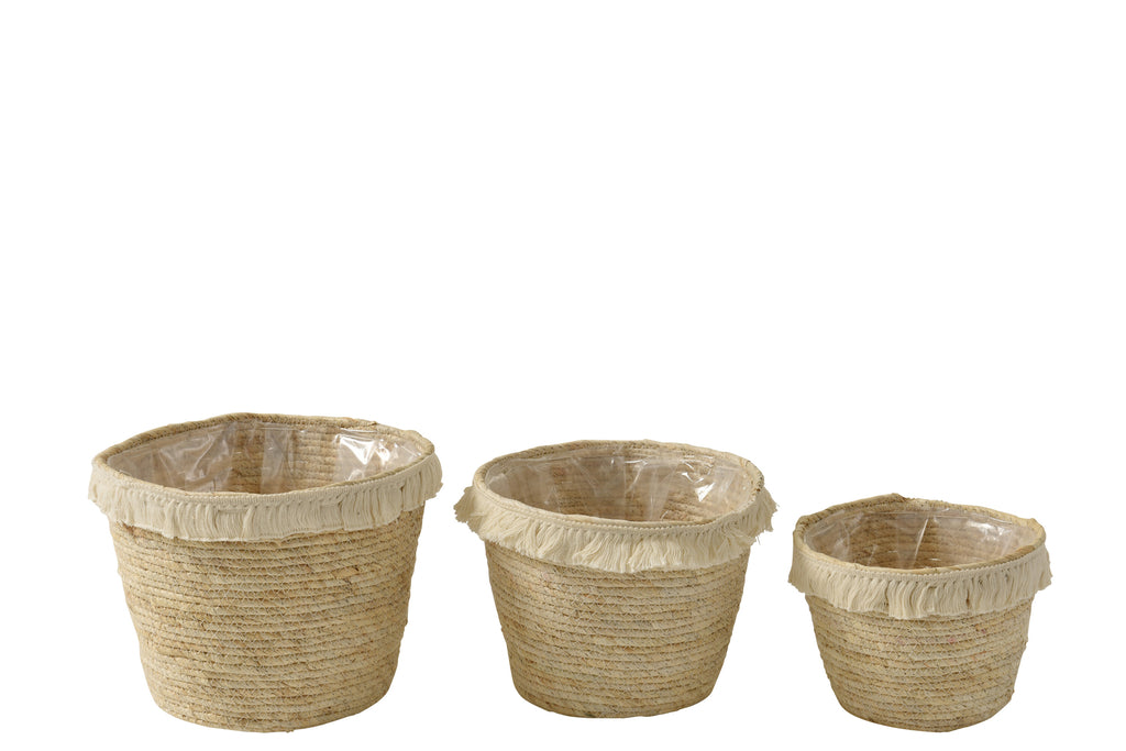 Set van 3 manden met kwastband van maïsschil/katoen in beige wit.