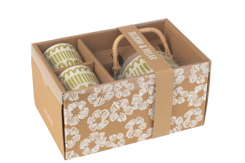 Set van 3 theepot set strip in vensterdoos keramiek groen