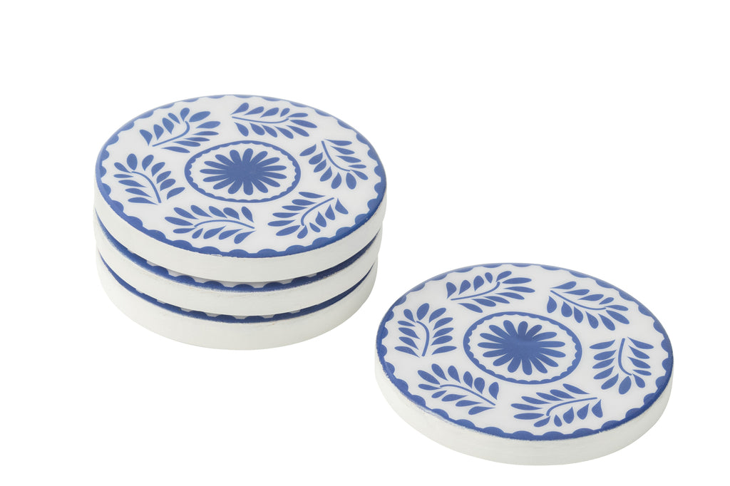 Set van 4 onderzetters bloemenpatroon mangohout blauw/wit