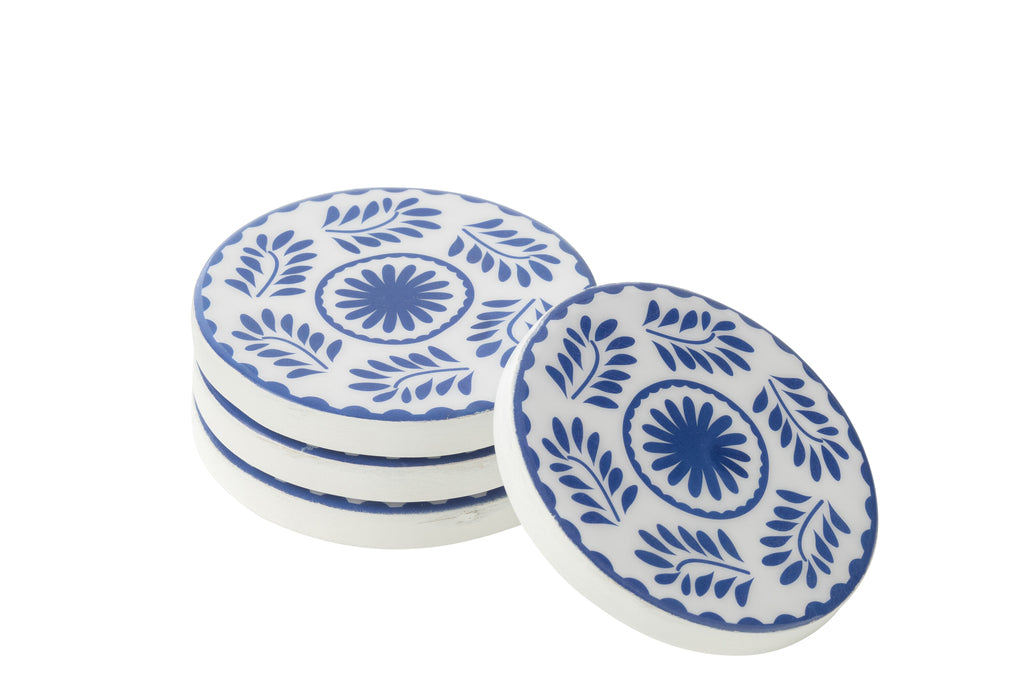 Set van 4 onderzetters bloemenpatroon mangohout blauw/wit