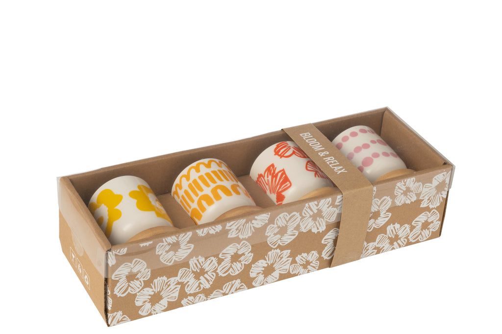 Set van 4 koffiekopjes + bamboe schotel in vensterdoos keramische mix
