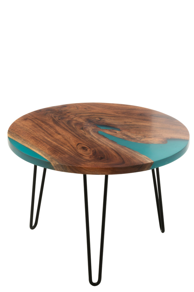Bijzettafel Rond Acacia Hout/Hars Naturel/Blauw