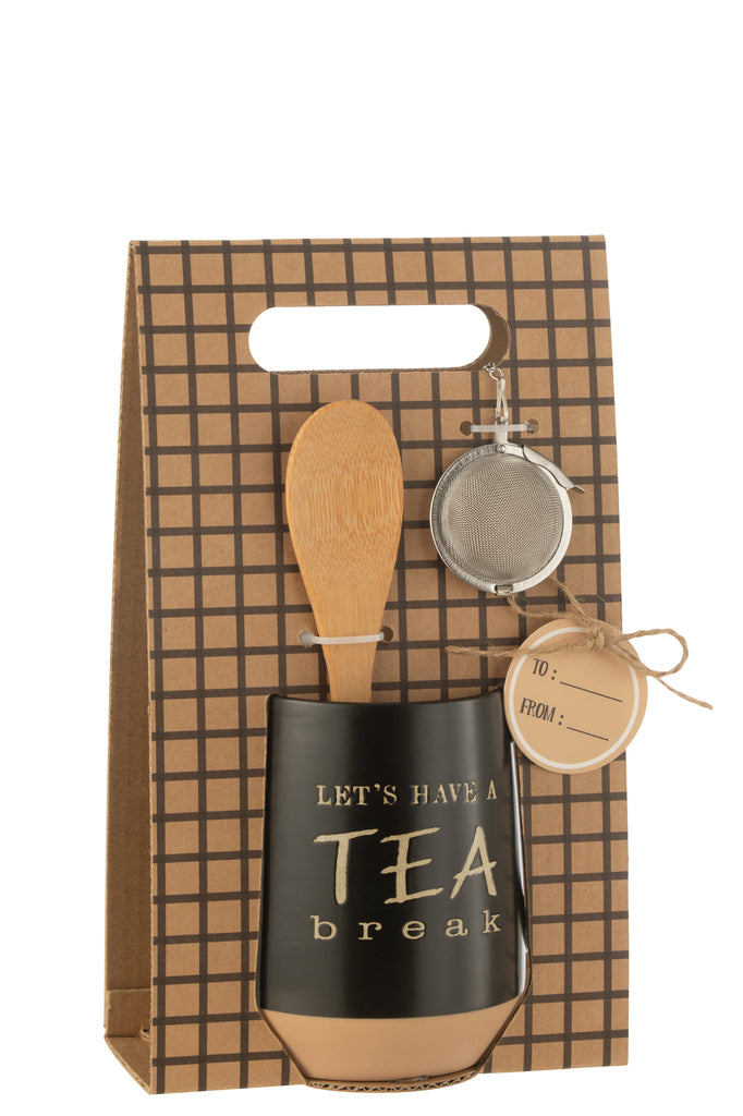 Theekopje + lepel + theebal keramiek zwart