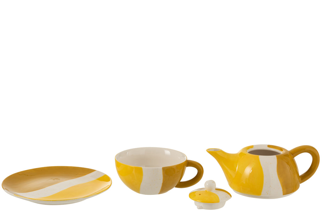 Theeservies voor - - n persoon Wave Porselein Wit/Oker