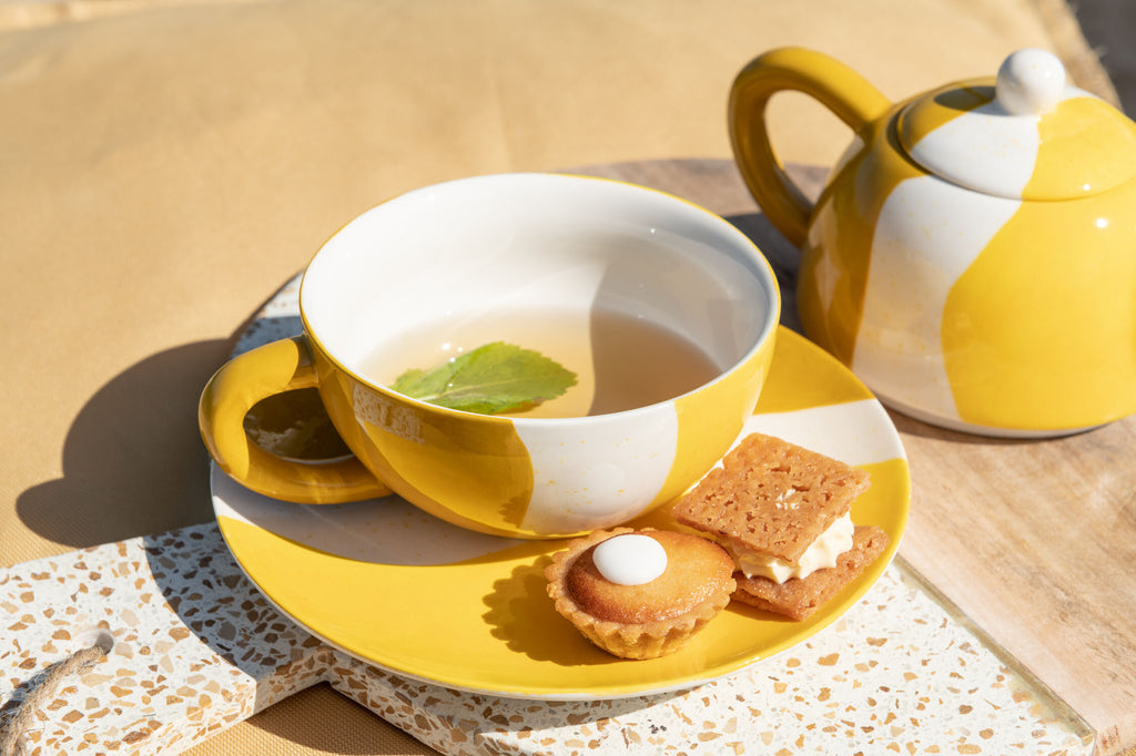 Theeservies voor - - n persoon Wave Porselein Wit/Oker