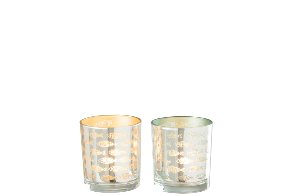 Theelicht Vis Glas Beige/Blauw Assortiment Van 2