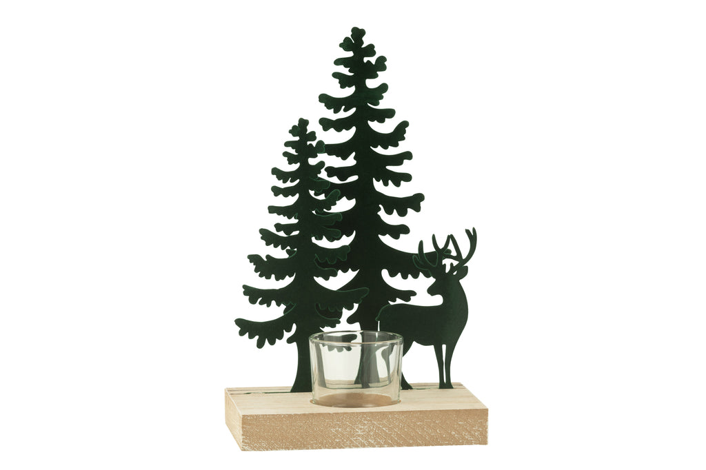 Theelichthouder 1 stuk Rendier/Bomen Metaal/Hout Donkergroen