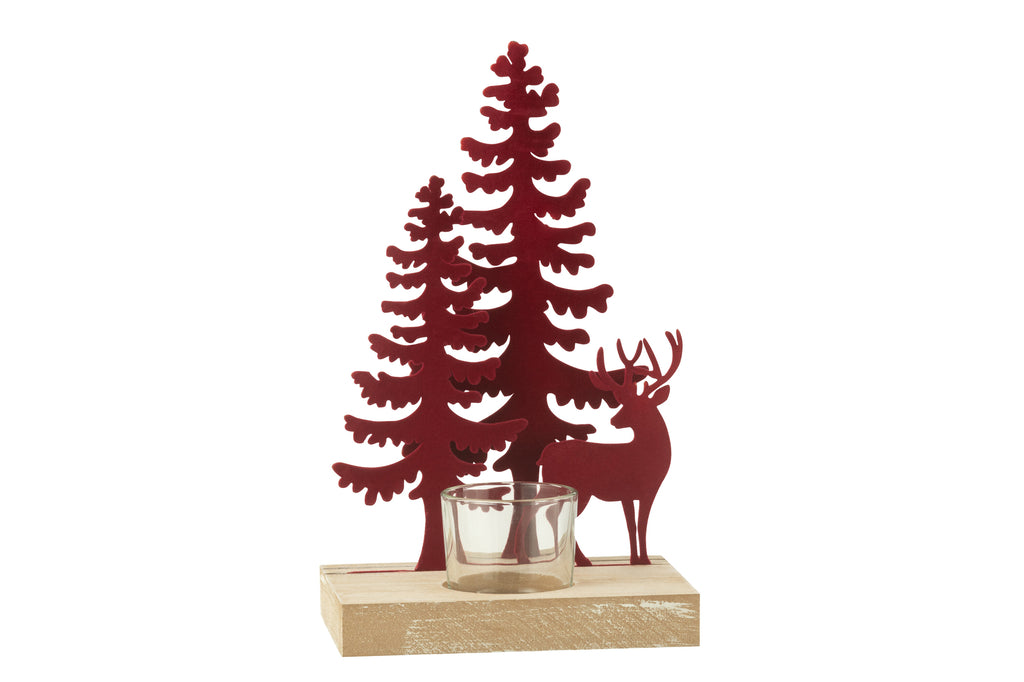 Theelichthouder 1 stuk Rendier/Bomen Metaal/Hout Rood