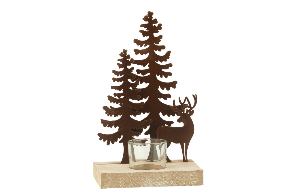 Theelichthouder 1 stuk Rendieren/Bomen Metaal/Hout Bruin