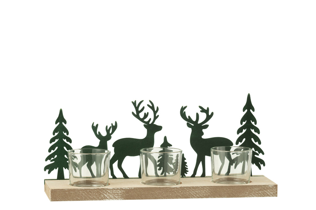 Theelichthouder 3 Stuks Rendieren/Bomen Metaal/Hout Donkergroen