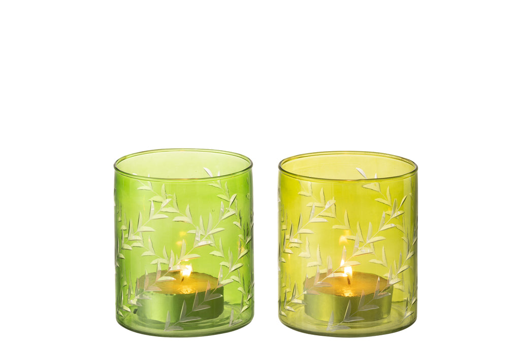 Theelichthouder Bladeren Glas Groen Groot Assortiment Van 2