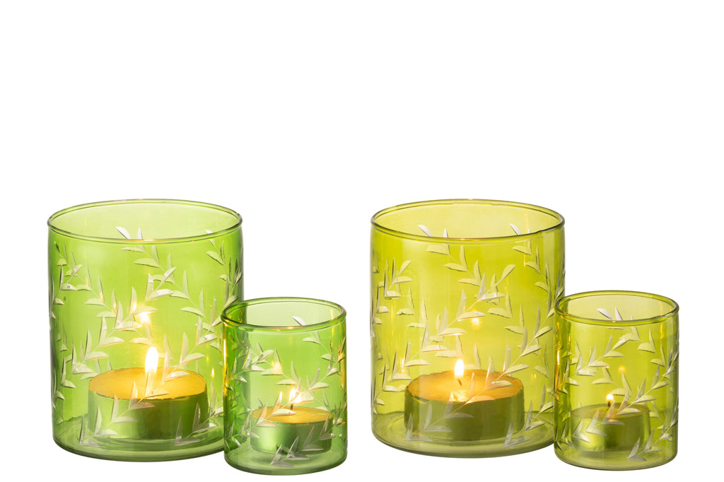 Theelichthouder Bladeren Glas Groen Groot Assortiment Van 2