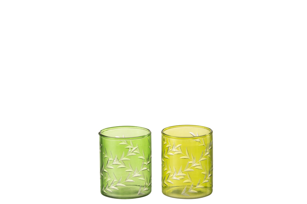 Theelichthouder Bladeren Glas Groen Klein Assortiment Van 2