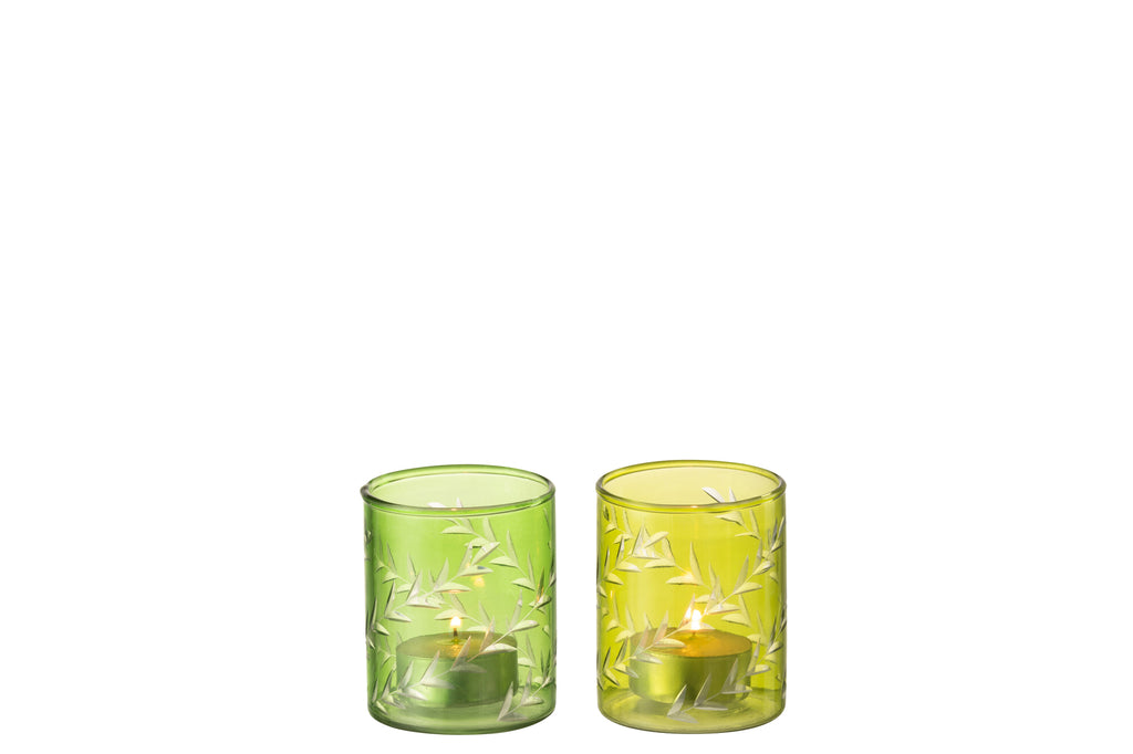 Theelichthouder Bladeren Glas Groen Klein Assortiment Van 2