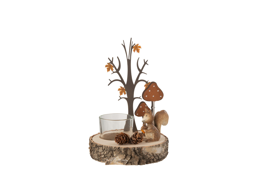 Theelichthouder Eekhoorn/Boom Hout/Metaal Natuurlijk/Oranje