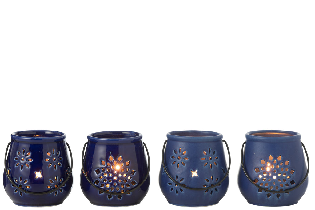 Theelichthouder Emmer Motieven Porselein Blauw Assortiment Van 4