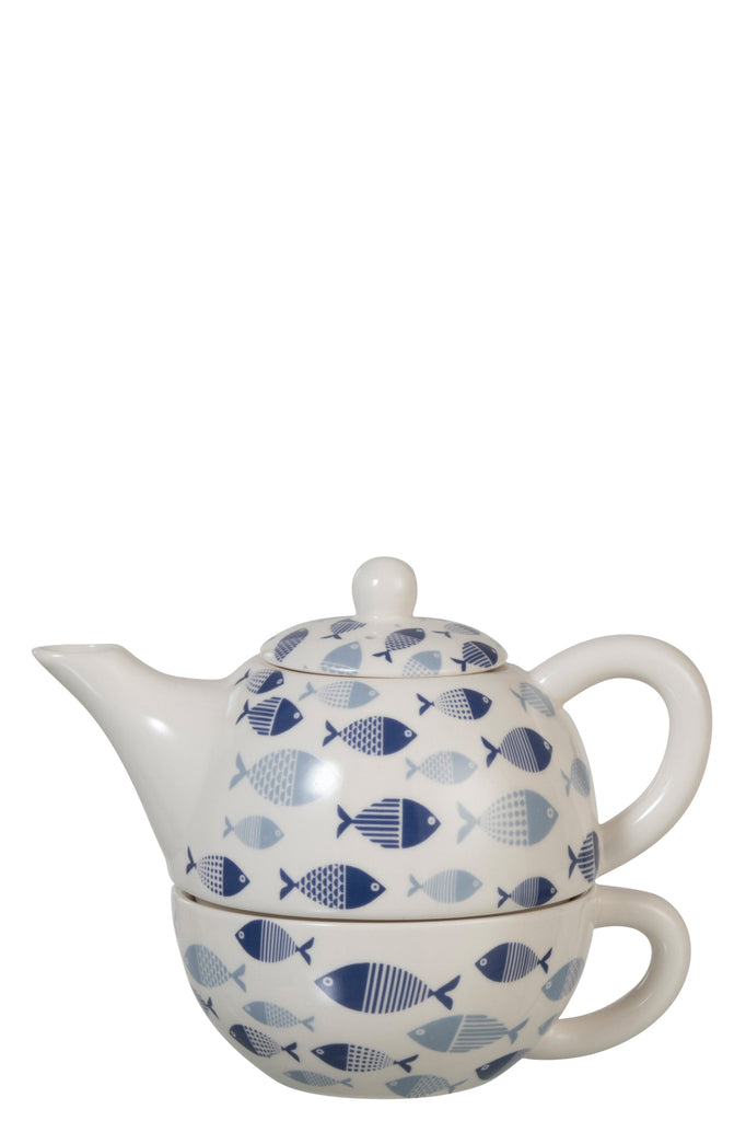 Theepot Vis Porselein Wit/Blauw