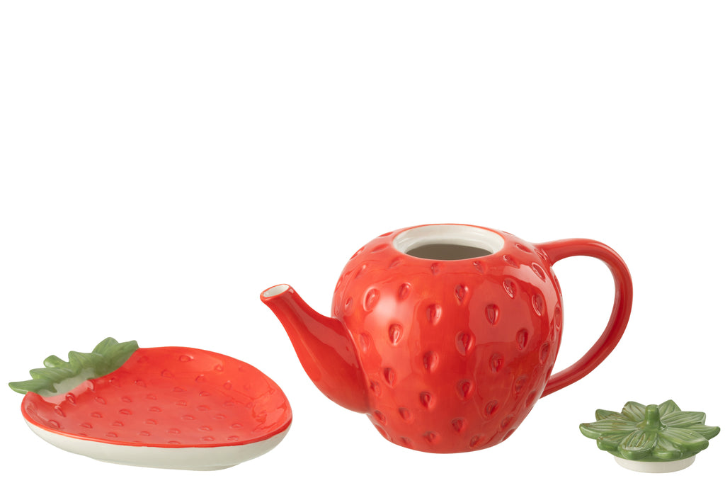 Theepot + Bord Aardbei Dolomiet Rood
