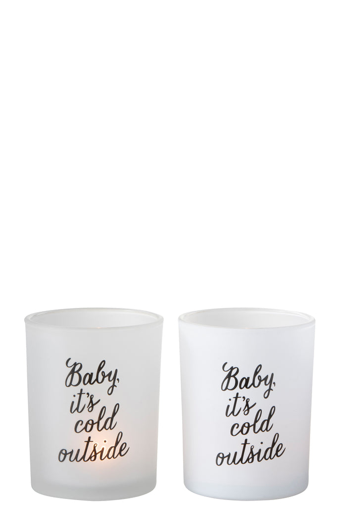 Theelichthouder "Baby It Is Cold Outside" Glas Wit/Zwart Groot Assortiment Van 2
