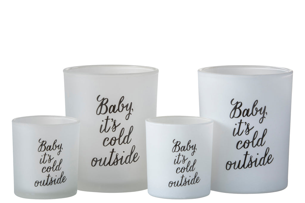 Theelichthouder "Baby It Is Cold Outside" Glas Wit/Zwart Groot Assortiment Van 2