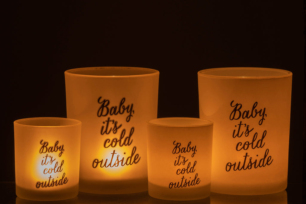 Theelichthouder "Baby It Is Cold Outside" Glas Wit/Zwart Groot Assortiment Van 2