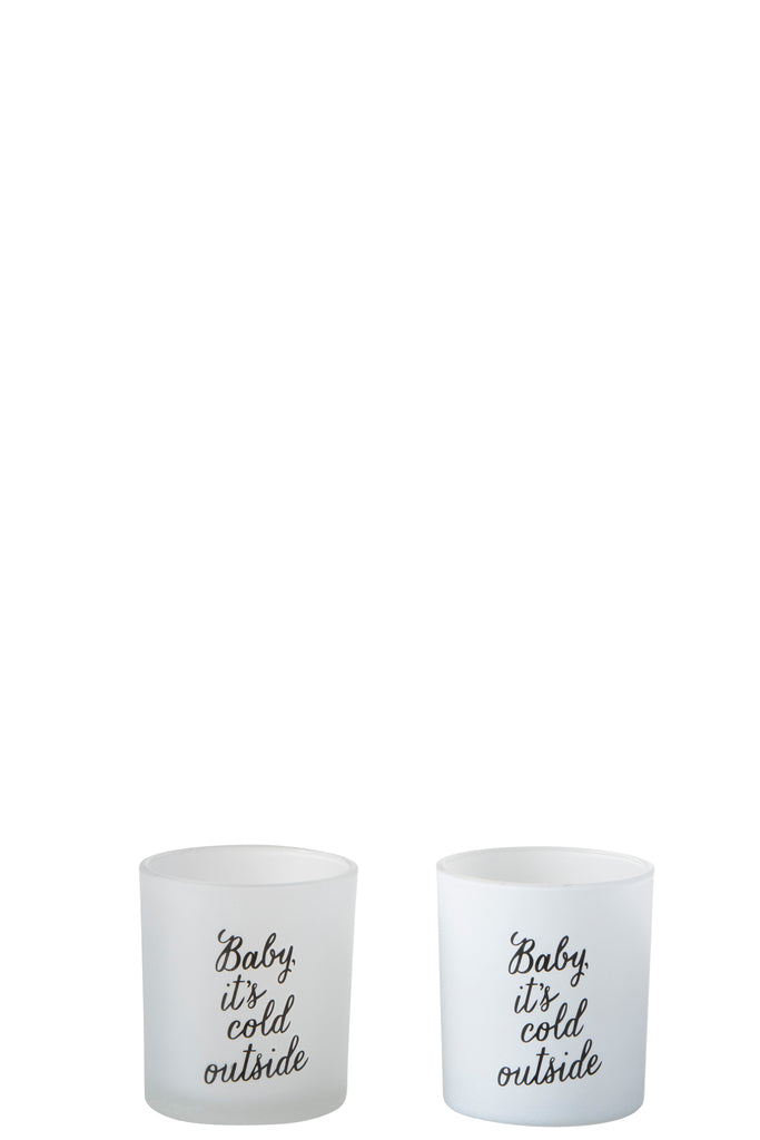 Theelichthouder "Baby It Is Cold Outside" Glas Wit/Zwart Klein Assortiment Van 2