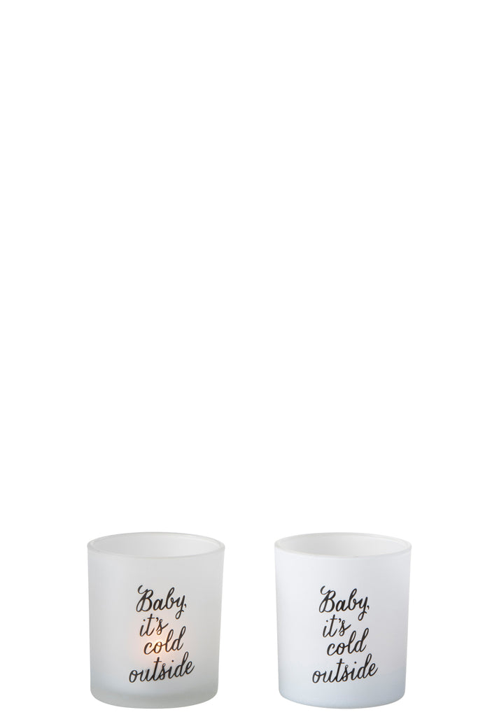 Theelichthouder "Baby It Is Cold Outside" Glas Wit/Zwart Klein Assortiment Van 2