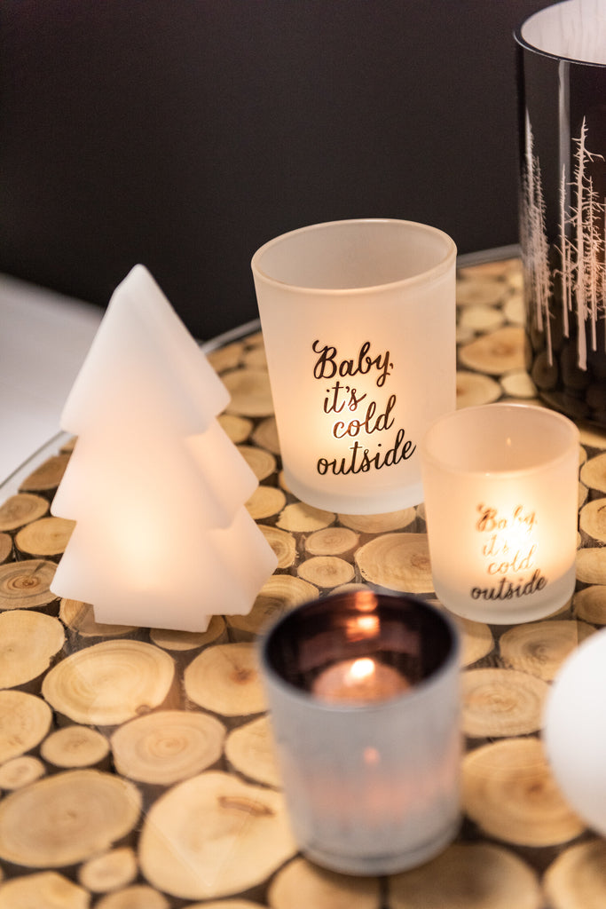 Theelichthouder "Baby It Is Cold Outside" Glas Wit/Zwart Klein Assortiment Van 2