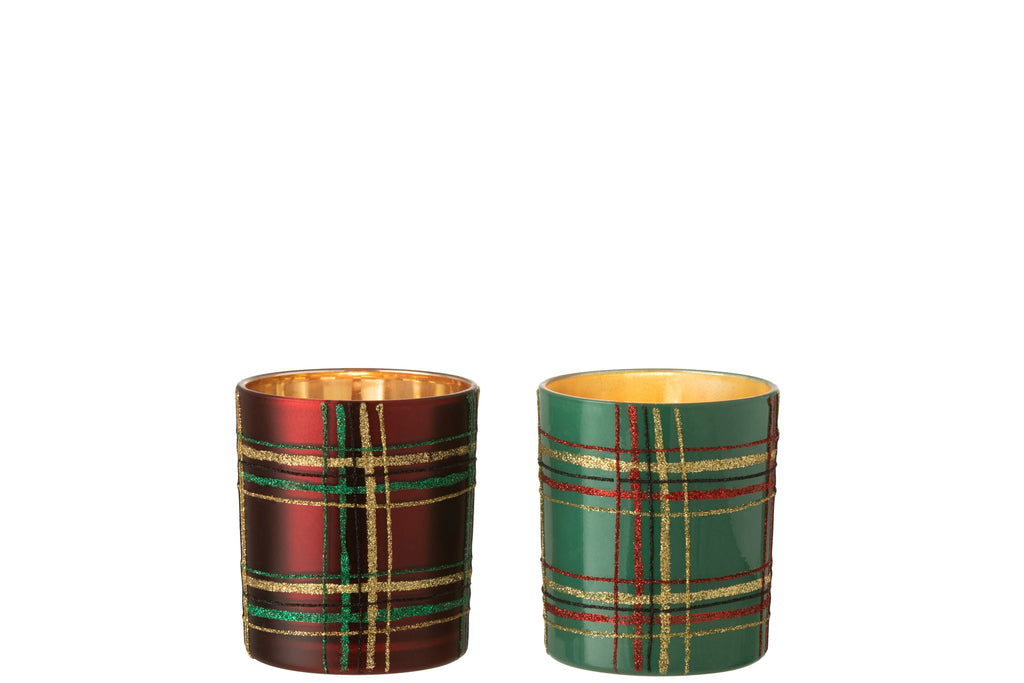 Theelichthouder Geruit Glas Rood/Groen Groot Assortiment Van 2
