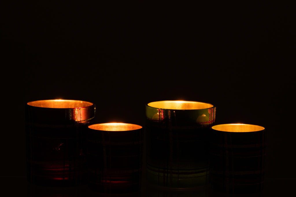 Theelichthouder Geruit Glas Rood/Groen Groot Assortiment Van 2